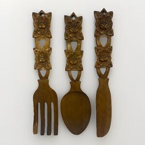 Vintage Hand-Carved Wooden Ford Spoon And Knife Wall Decor 22” MCM Retro